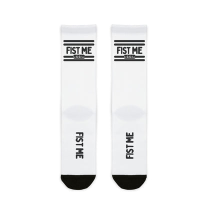 Gay Fisting Gear at LetGoGetLaid. White "FIST ME" Socks 