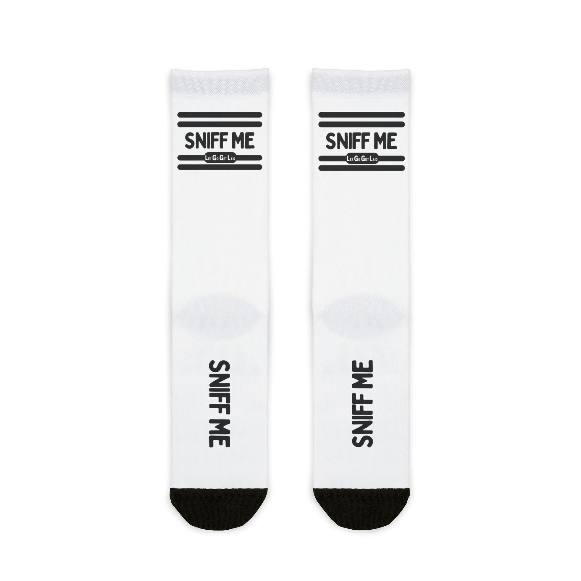 White LetGoGetLaid SNIFF ME Socks - kinky fetish accessories for LGBTQ Community