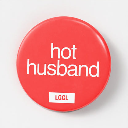 Gay pride party pin badge with "hot husband"