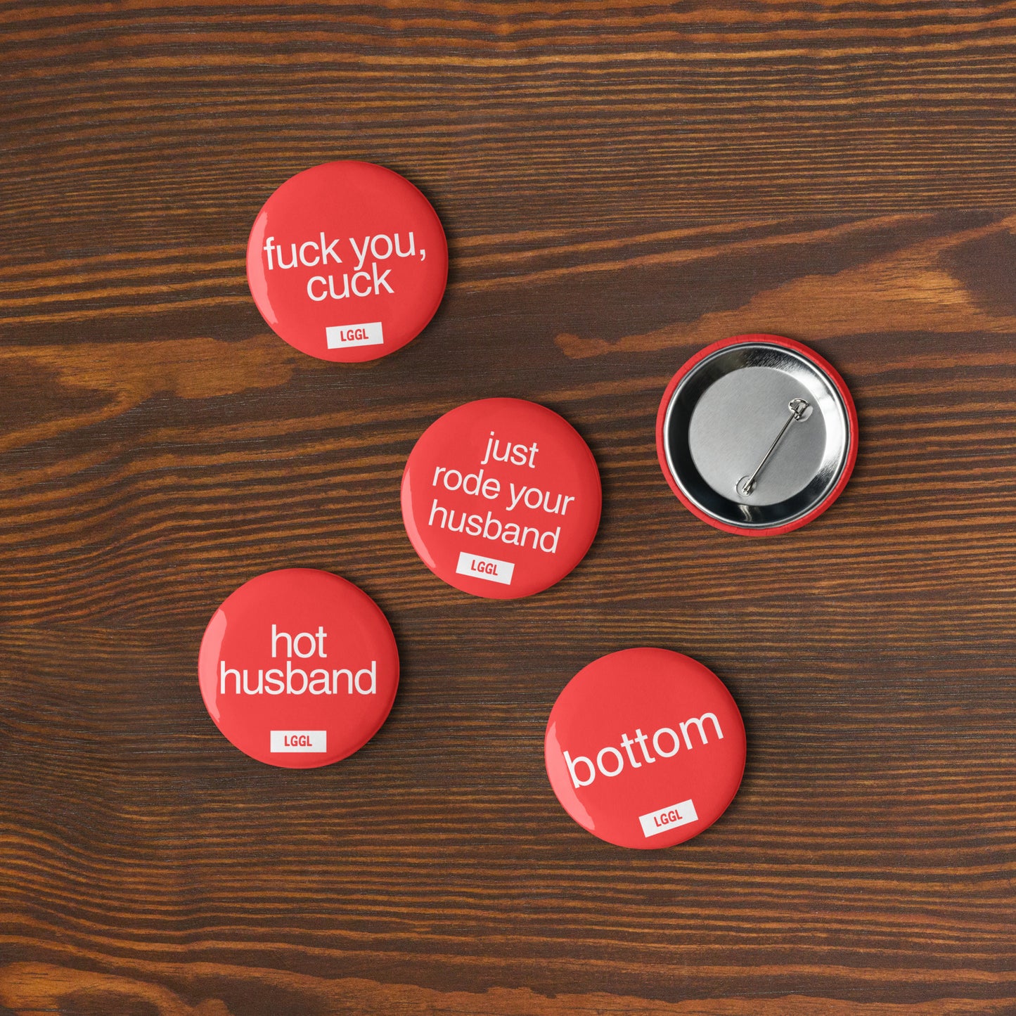 Hothusband, bull and cuck role pins printed and shipped from the US — gay fetish pins for cruising and fetish parties