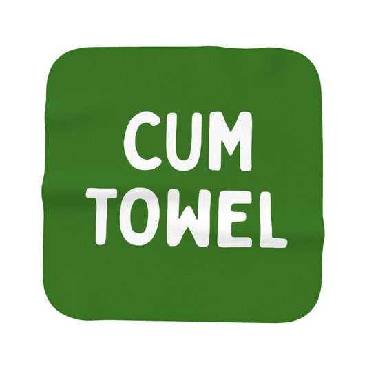 Green Towel with text "CUM TOWEL" for aftercare. Gift idea only at www.letgogetlaid.com