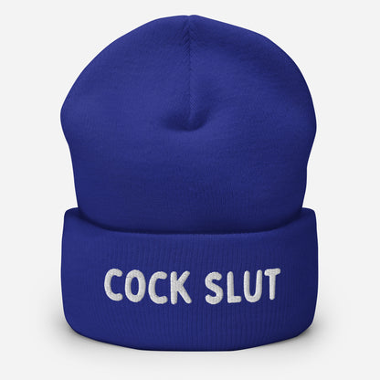 Blue beanie from LetGoGetLaid with "Cock Slut" text