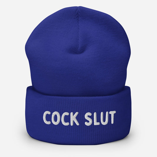 Blue beanie from LetGoGetLaid with "Cock Slut" text