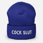 Blue beanie from LetGoGetLaid with "Cock Slut" text