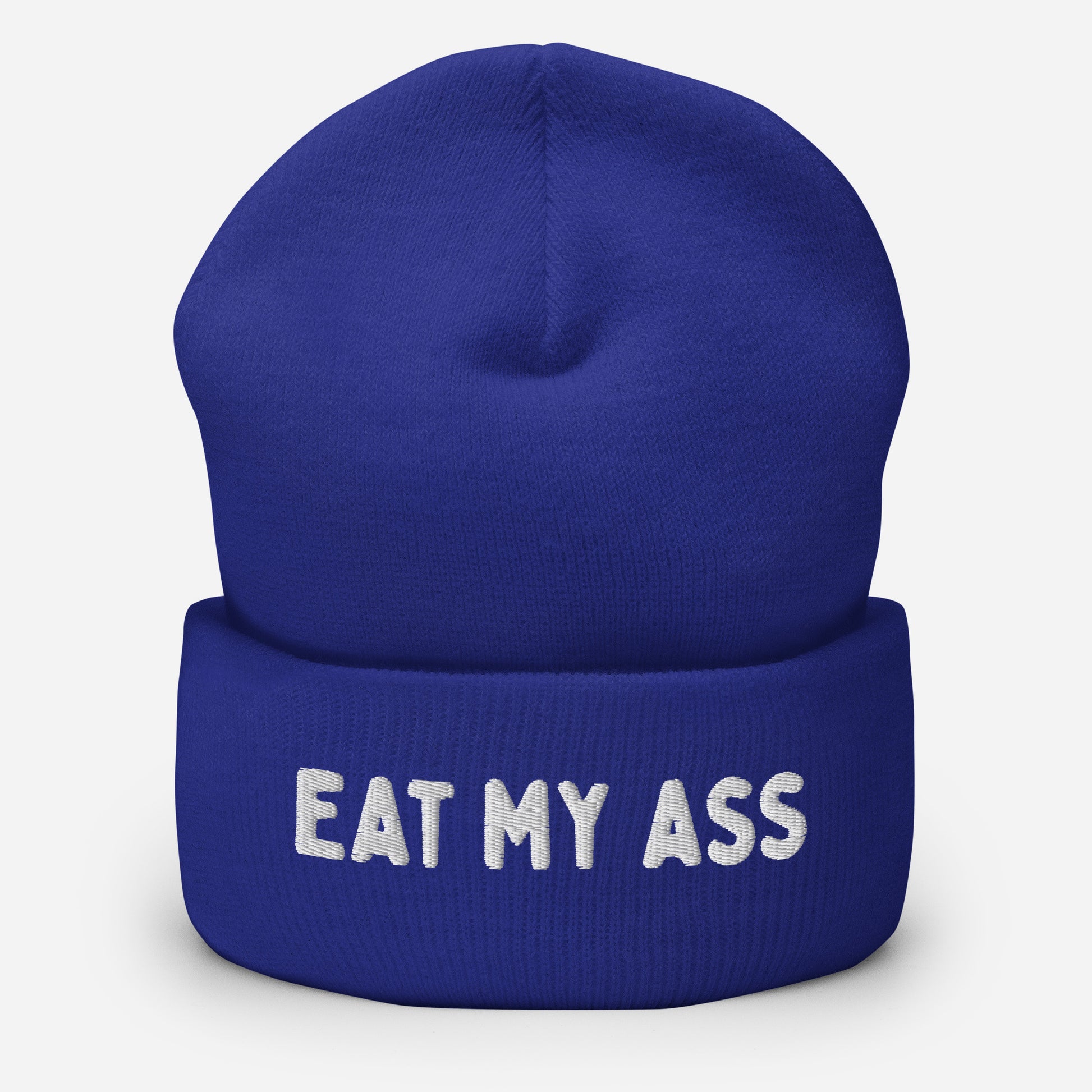 "EAT MY ASS" text shown on a blue beanie - gay christmas gifts