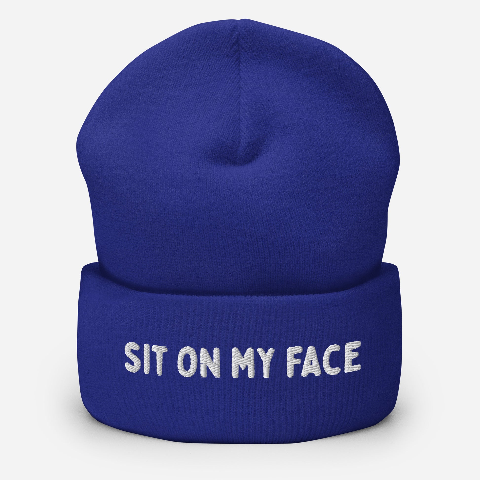 Blue beanie with 'SIT ON MY FACE' text available at www.letgogetlaid.com
