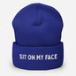Blue beanie with 'SIT ON MY FACE' text available at www.letgogetlaid.com