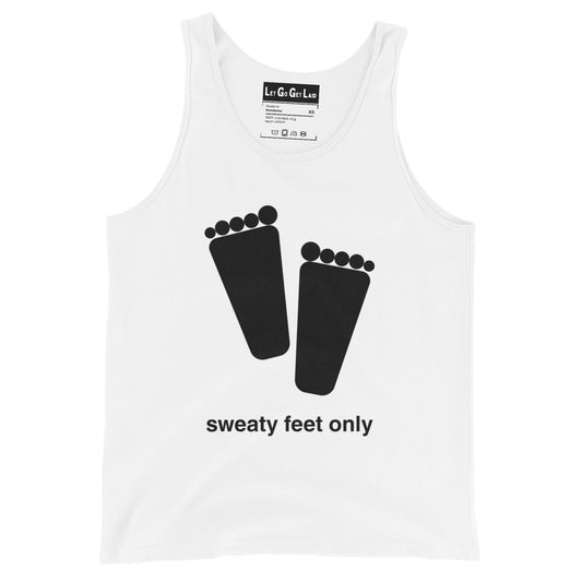 Gay tank top with "Sweaty feet only" text for kinky fetish parties