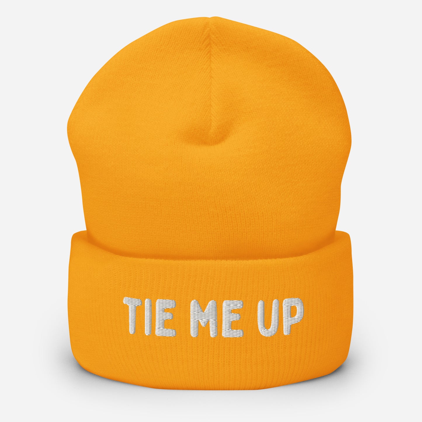 Yellow beanie with 'TIE ME UP' text available at www.letgogetlaid.com