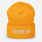Yellow beanie with 'TIE ME UP' text available at www.letgogetlaid.com