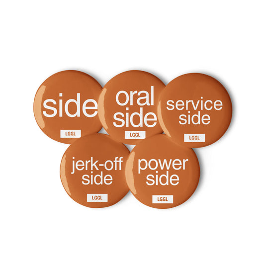 Overview of gay "Side" collection of pinback buttons