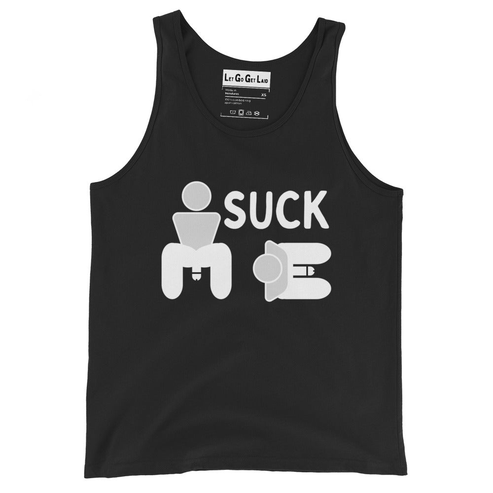 Queer LGBT tank top for gay men with "Suck me" text for parties