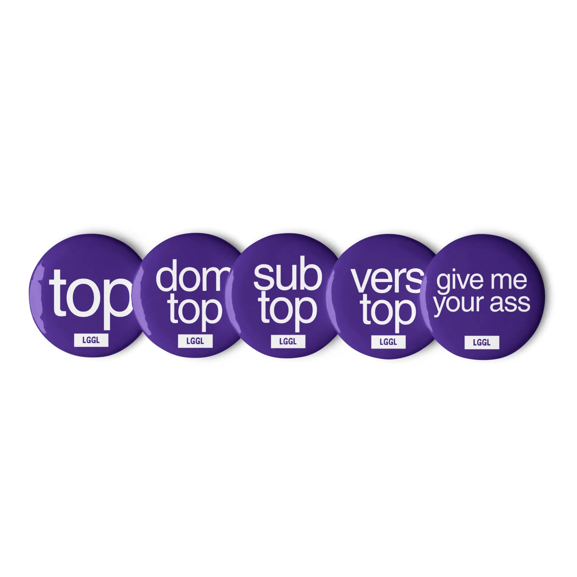 Gay top pinback buttons set of 5, 2.25 inch, pin clasp detail, shipped across USA and Canada