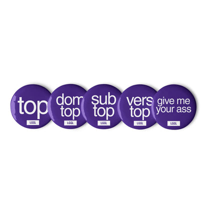 Gay top pinback buttons set of 5, 2.25 inch, pin clasp detail, shipped across USA and Canada