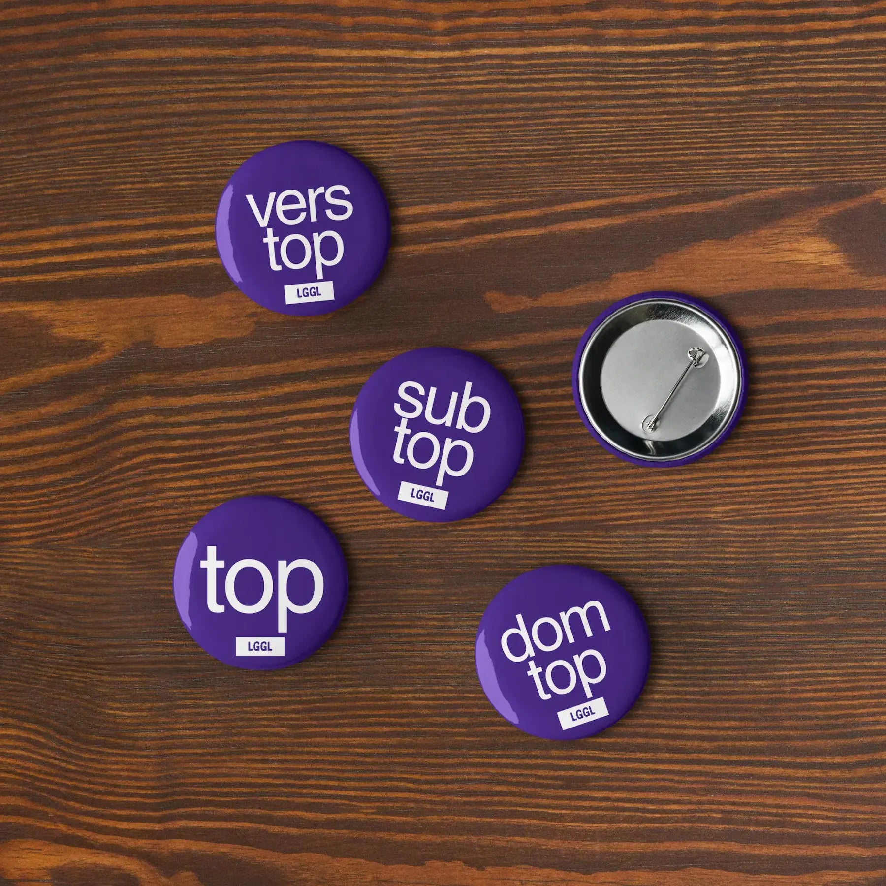Gay top pinback button set showing all 5 designs, gay hookup accessories for US and Canada