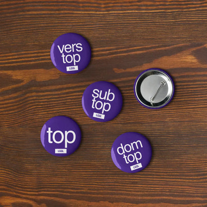 Gay top pinback button set showing all 5 designs, gay hookup accessories for US and Canada