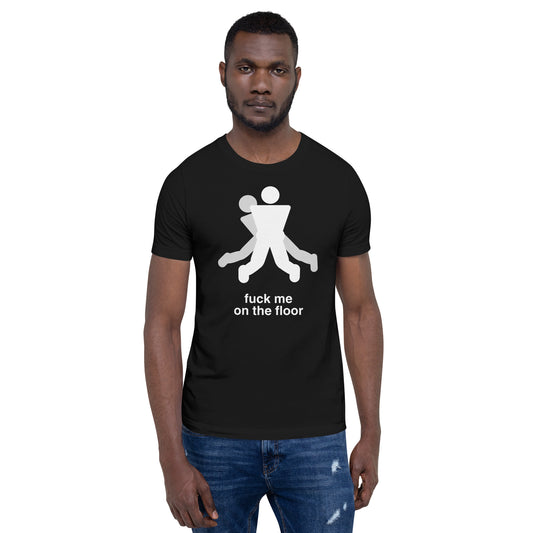Man wearing a black t-shirt with a graphic design and text on a white background