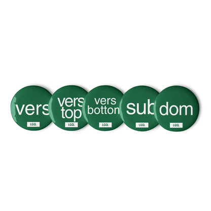 Gay versatile pinback button set including Vers, Vers Top and Vers Bottom designs, US and Canada
