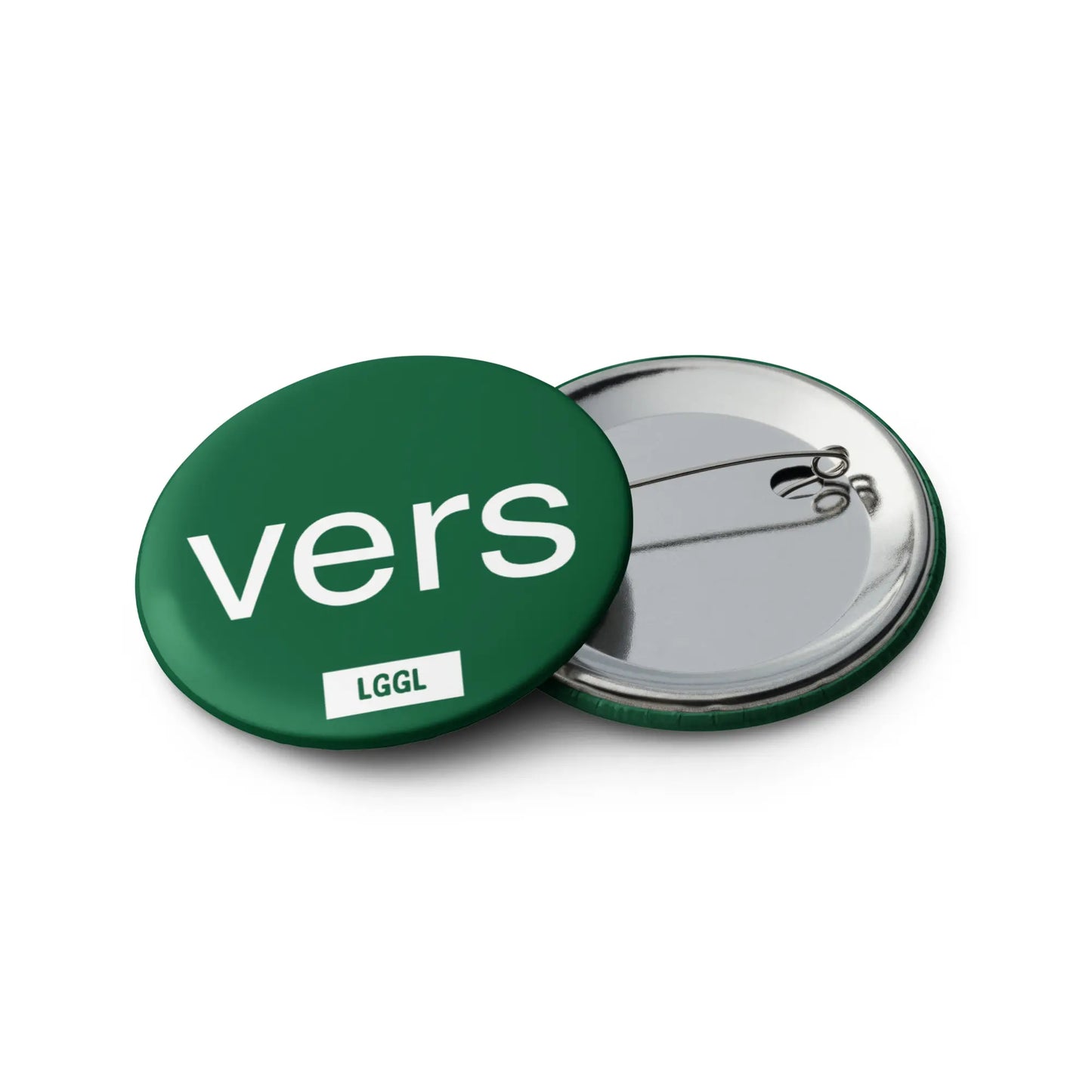 Reverse of gay versatile pinback button showing secure metal clasp, 2.25 inch tinplate construction