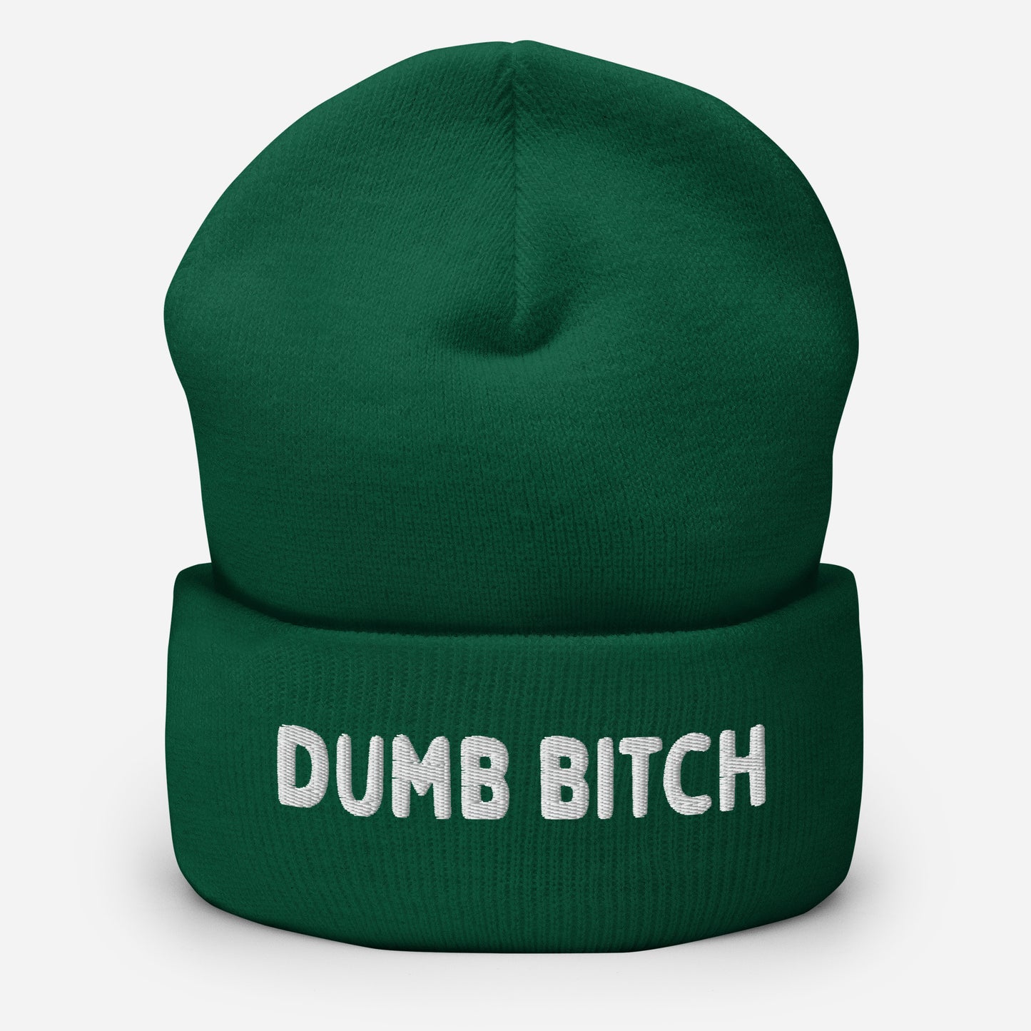Green beanie with 'DUMB BITCH' text on a white background available at www.letgogetlaid.com