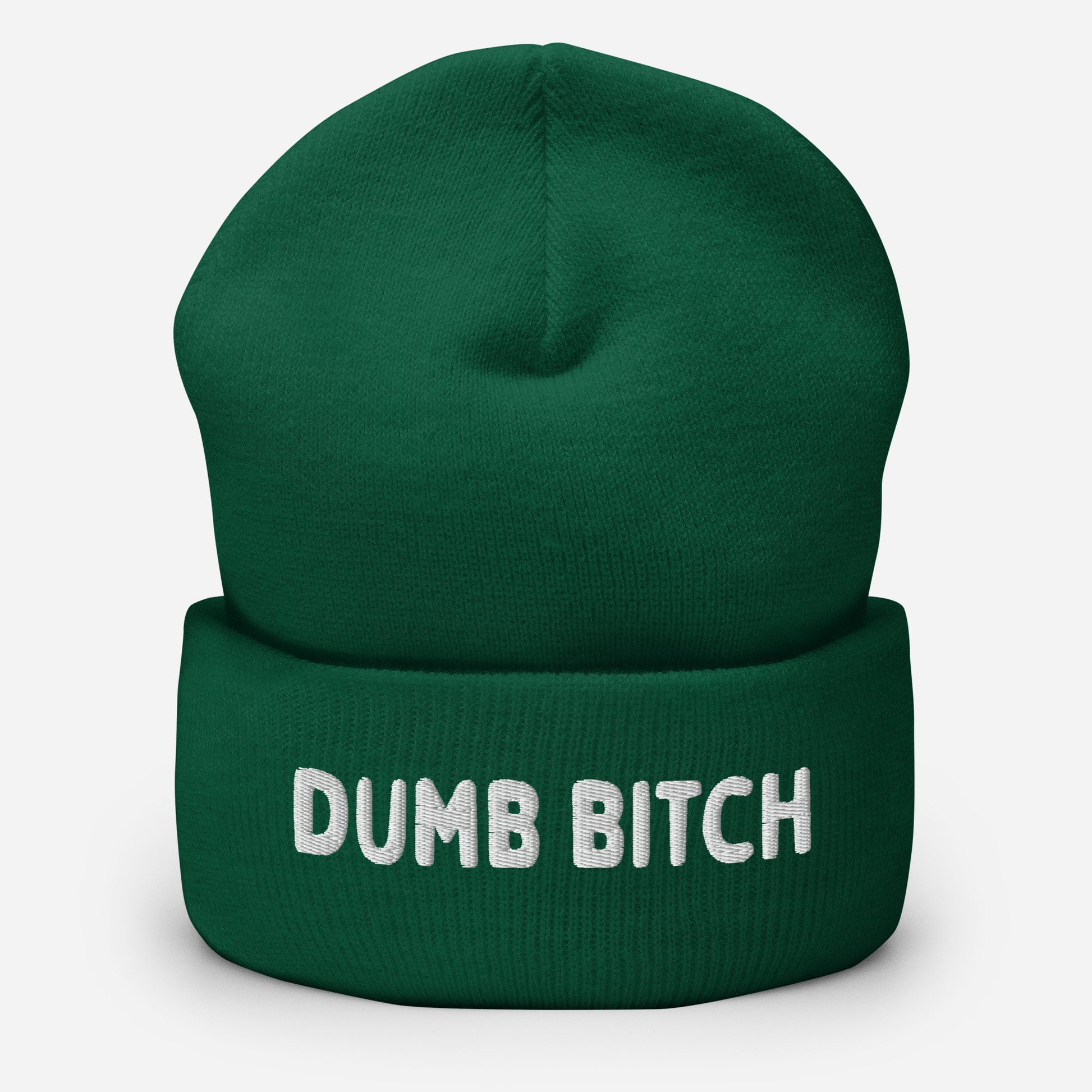 Green beanie with 'DUMB BITCH' text on a white background available at www.letgogetlaid.com