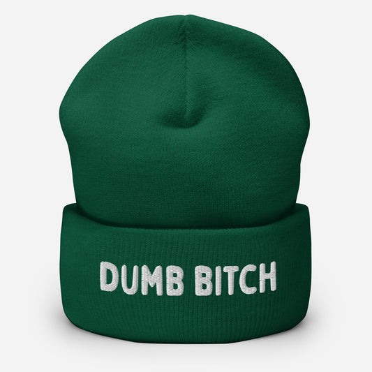 Green beanie with 'DUMB BITCH' text on a white background available at www.letgogetlaid.com