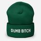 Green beanie with 'DUMB BITCH' text on a white background available at www.letgogetlaid.com