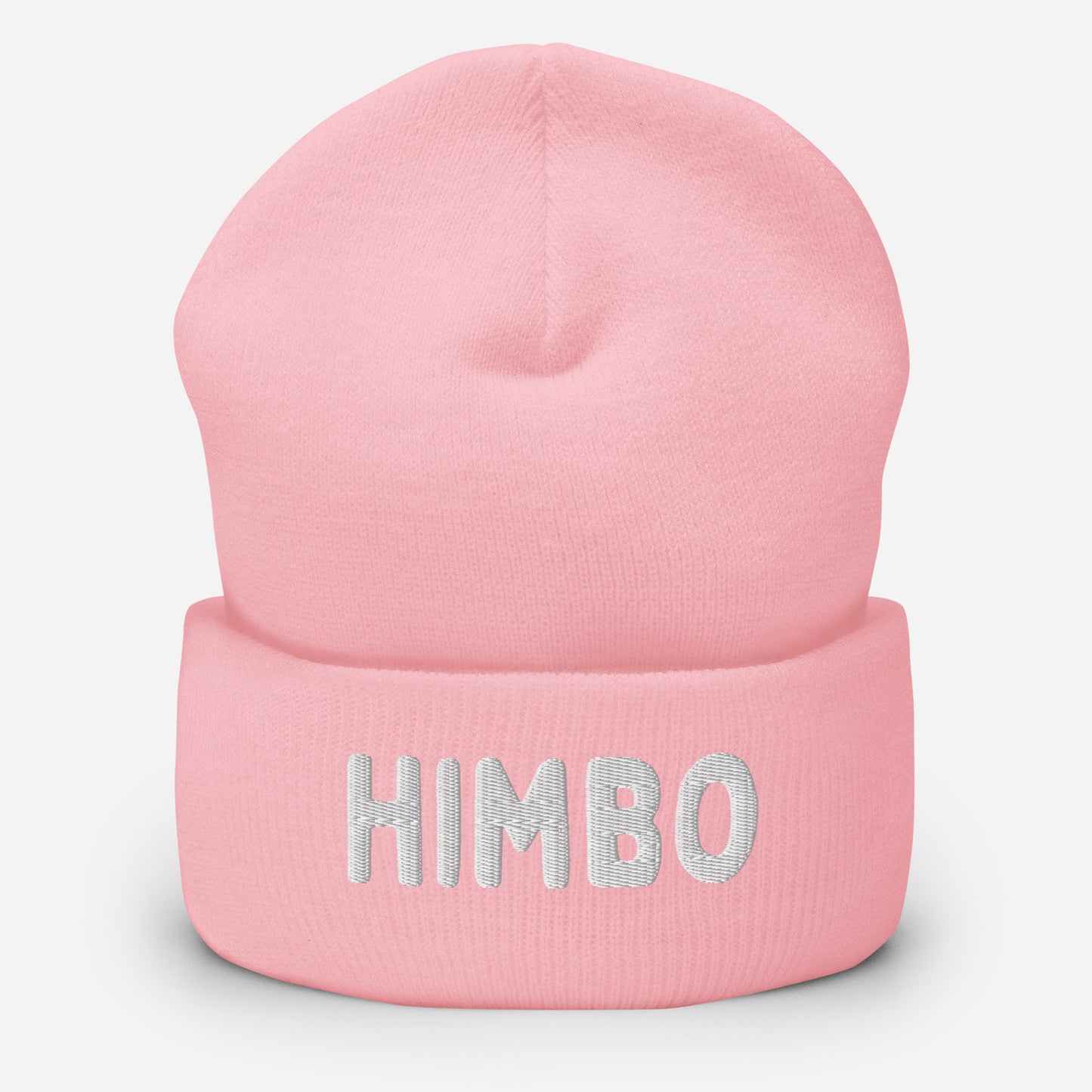 Pink beanie with 'HIMBO' embroidery on a light gray background available only at www.letgogetlaid.com