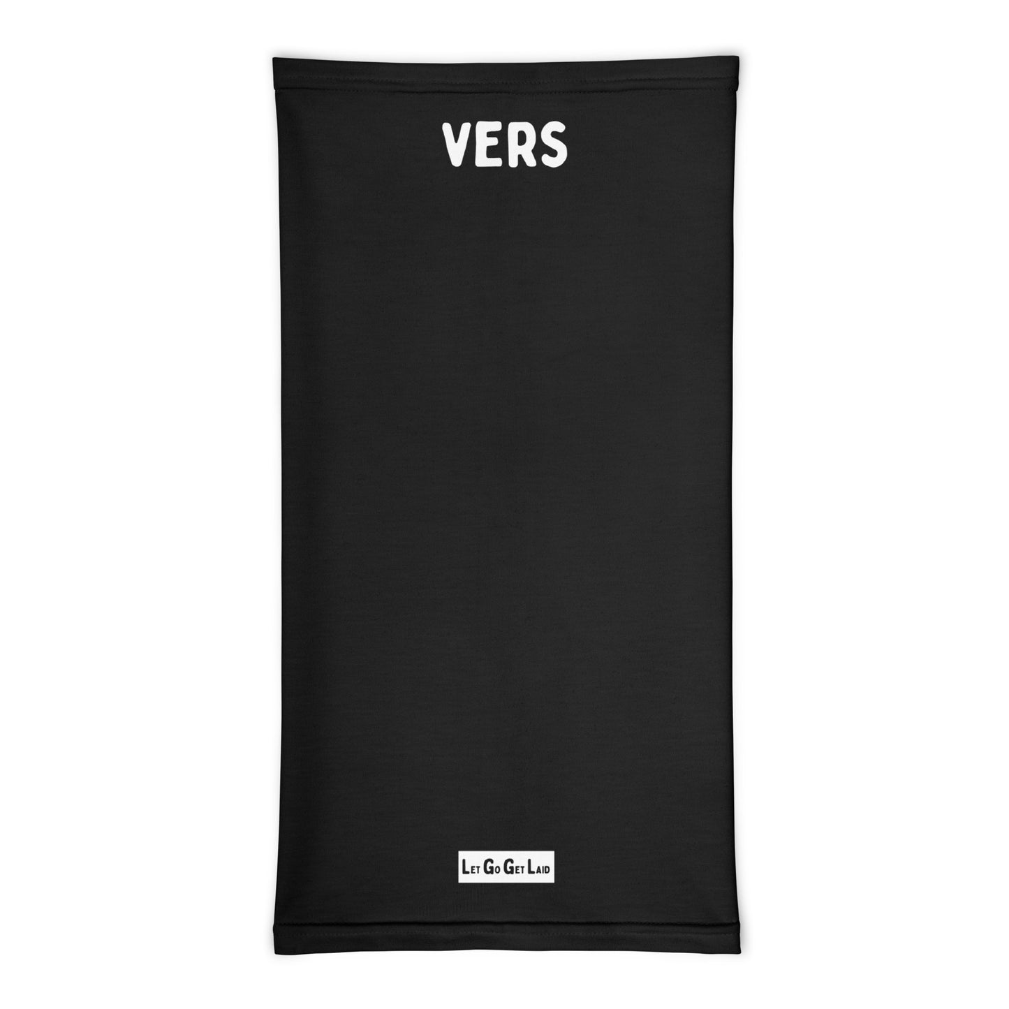 Black neck gaiter with 'VERS' text on a white background