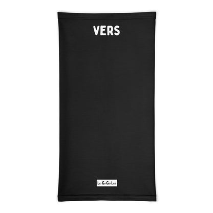 Black neck gaiter with 'VERS' text on a white background