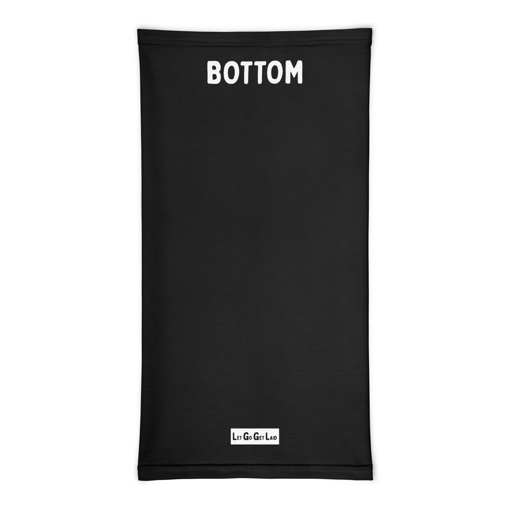 Black neck gaiter with "Bottom text for gay parties