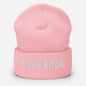 Pink beanie with 'DUMB BITCH' text on a light gray background available at www.letgogetlaid.com