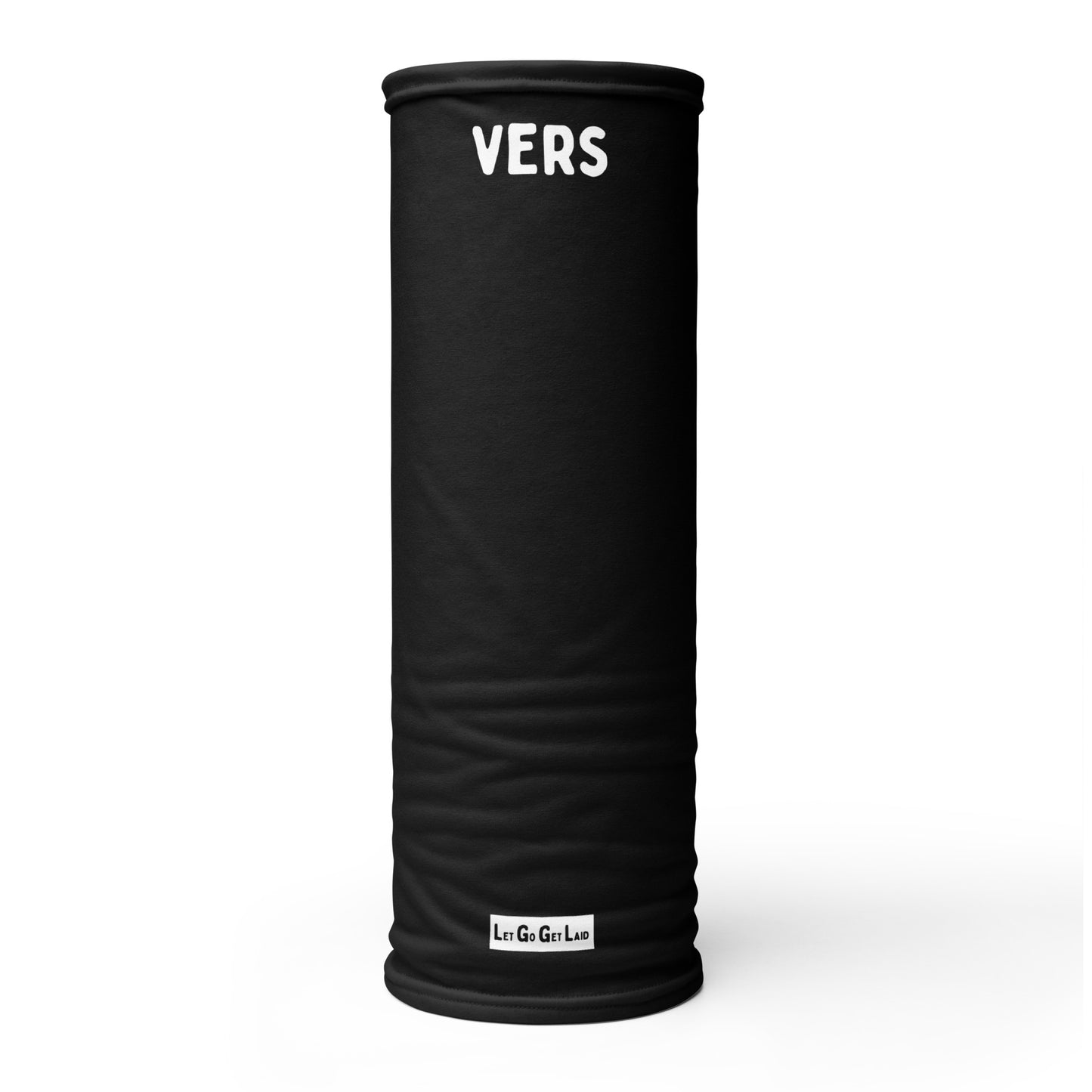 Black neck gaiter with 'VERS' on a white background