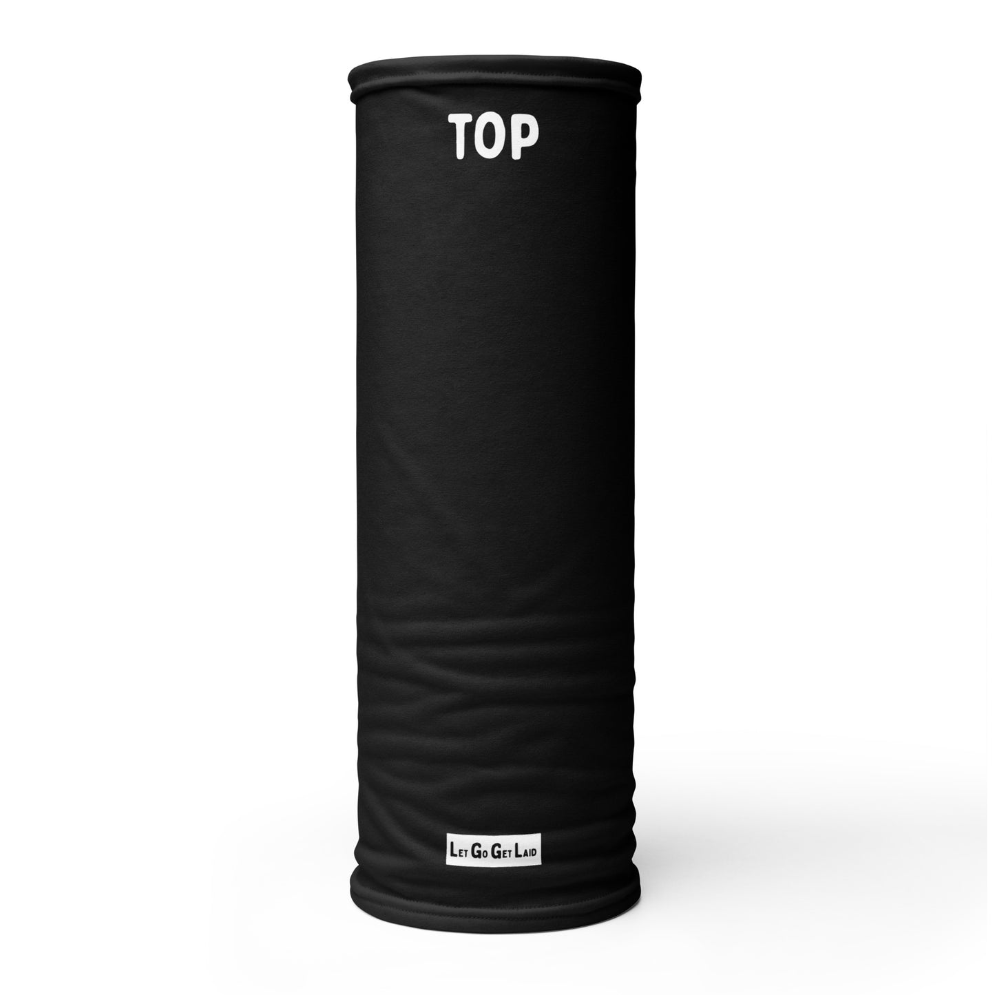 Black neck gaiter with 'TOP' printed on it against a white background