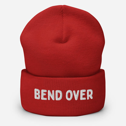 Red LetGoGetLaid beanie with "BEND OVER" text available at www.letgogetlaid.com