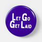 Blue round pin badge showing the company name