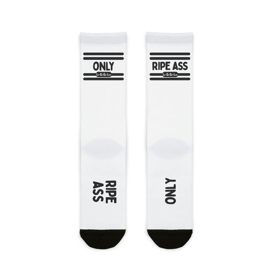 White fetish socks with "Only Ripe Ass" text for kinky play; available at www.letgogetalid.com