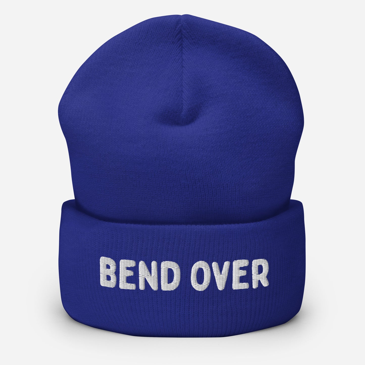 Let Go Get Laid blue beanie with text "BEND OVER" for gay tops
