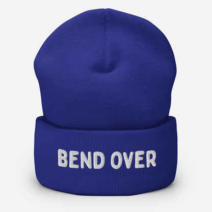 Let Go Get Laid blue beanie with text "BEND OVER" for gay tops
