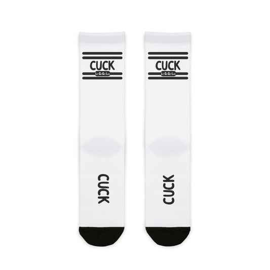 White socks with CUCK text - cuckolding accessories for gay community, www.letgogetlaid.com