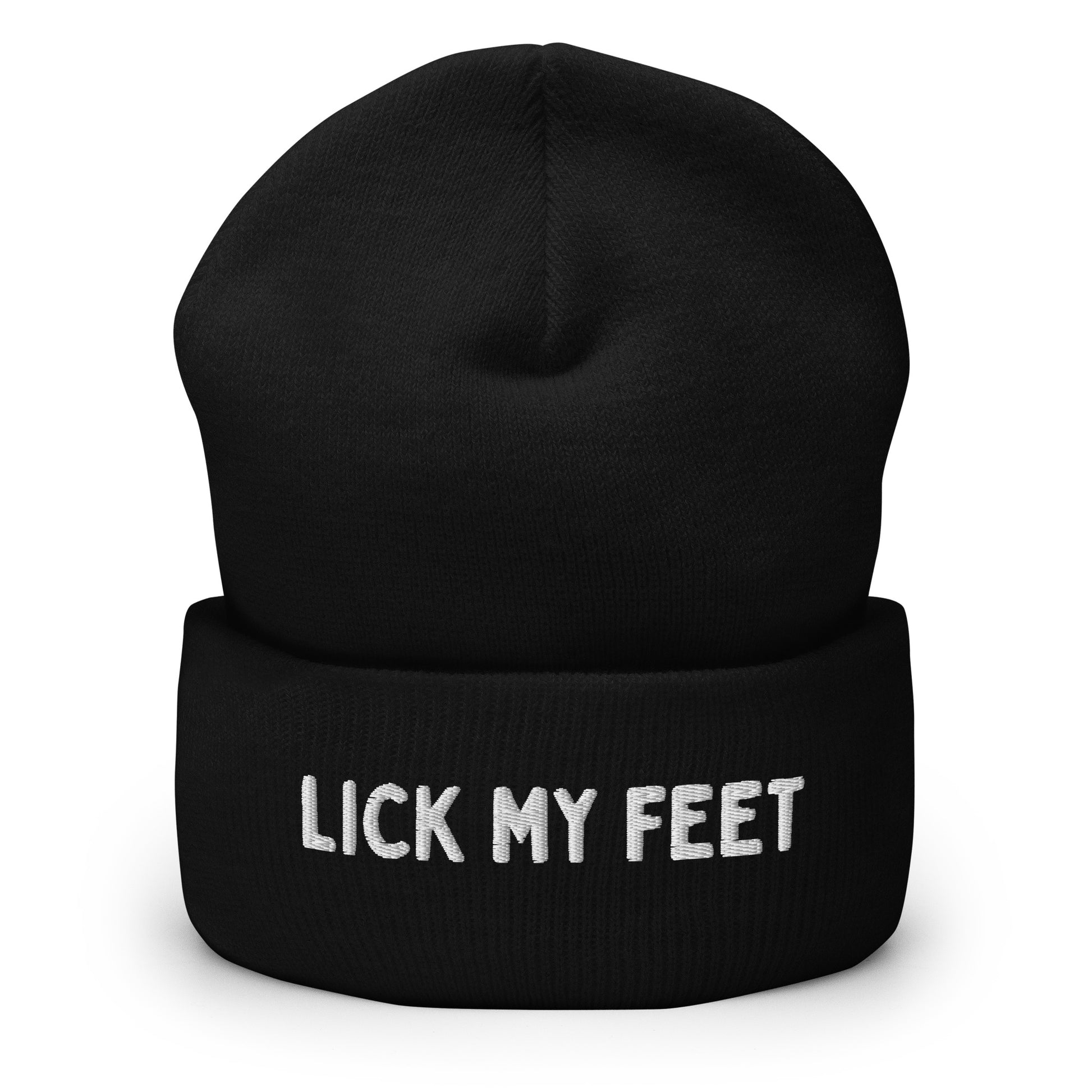 "Lick My Feet" text on a black beanie - christmas gifts for the gay community