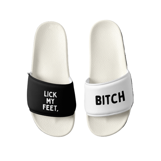 Slides containing "Lick my feet, bitch" text