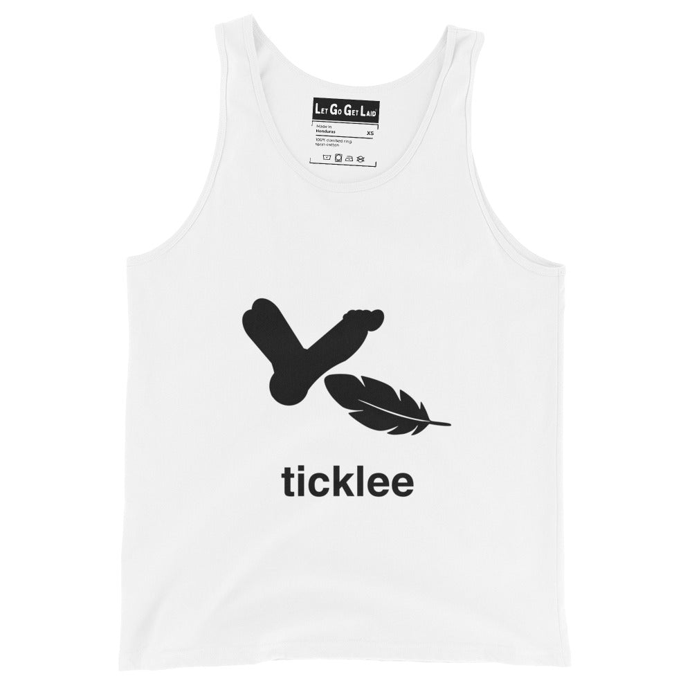 White tank top with text "Ticklee" for gay tickling fetish. Only at www.letgogetlaid.com