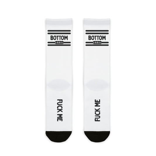 White LetGoGetLaid socks with "Bottom" text for the gay community