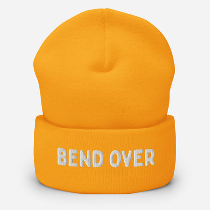 Gold beanie with text "BEND OVER" for kinky roleplay