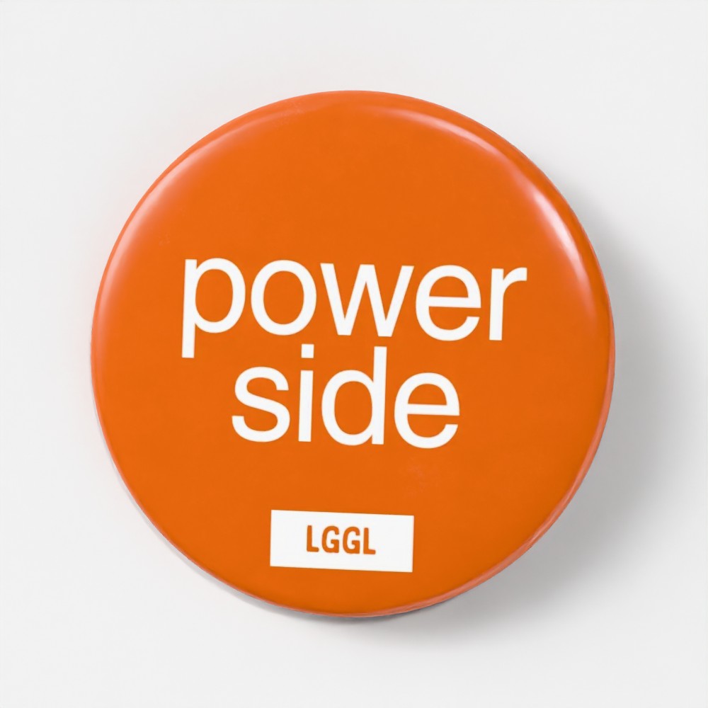 Orange pin badge with "Power side" text from Let Go Get Laid