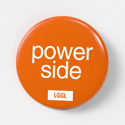 Orange pin badge with "Power side" text from Let Go Get Laid
