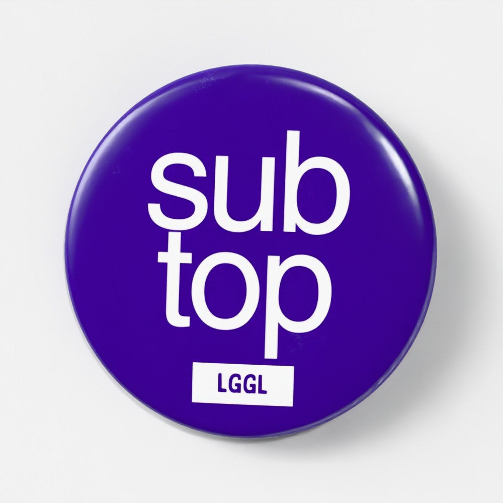 Blue large pinback button with "Sub top" text