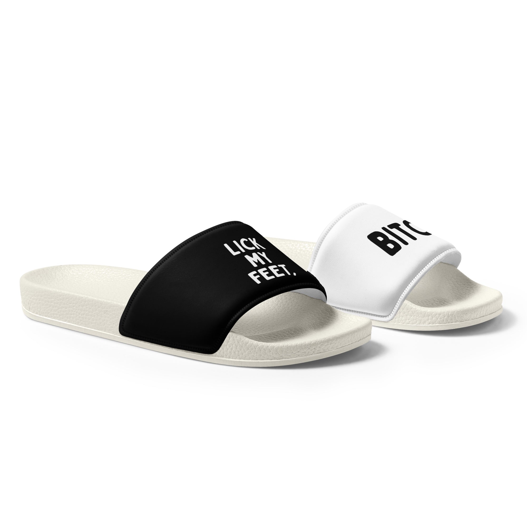 Pair of Foot Fetish slides with text on a white background