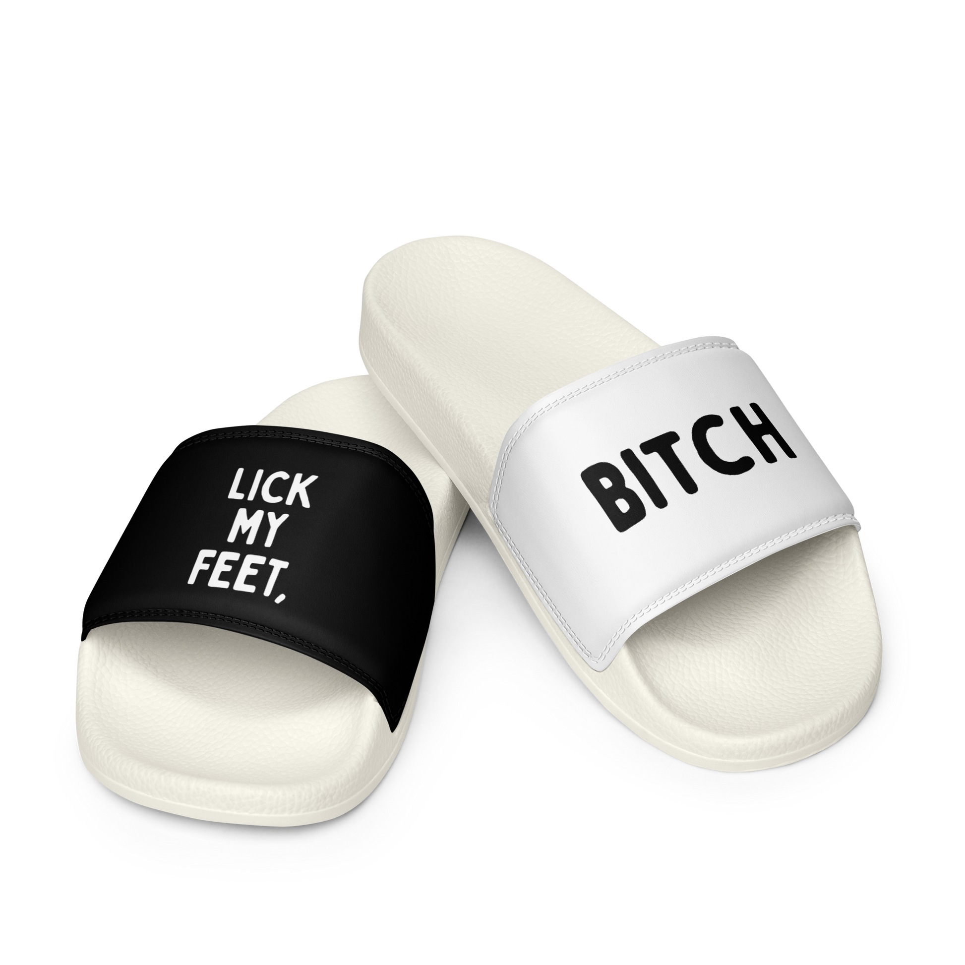Pair of extraordinary fetish slides with "Lick My Feet, Bitch"- let everyone know what you crave. Only at www.letgogetlaid.com